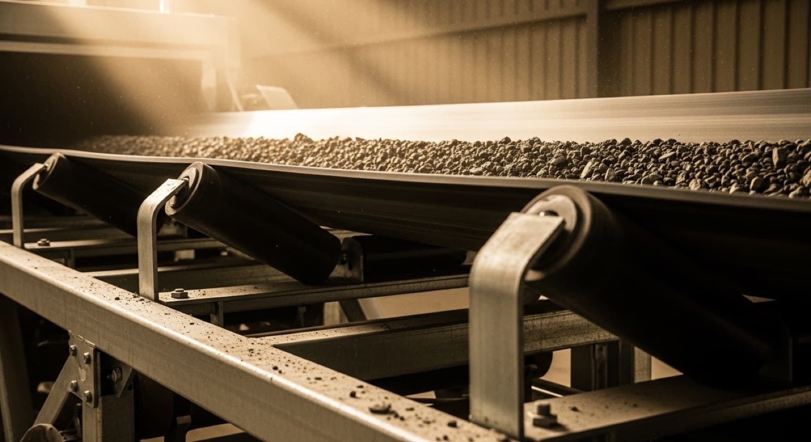 Industrial conveyor belt in bulk handling — the kind of conveyor application SB5 skirting rubber and brush strips are specified into
