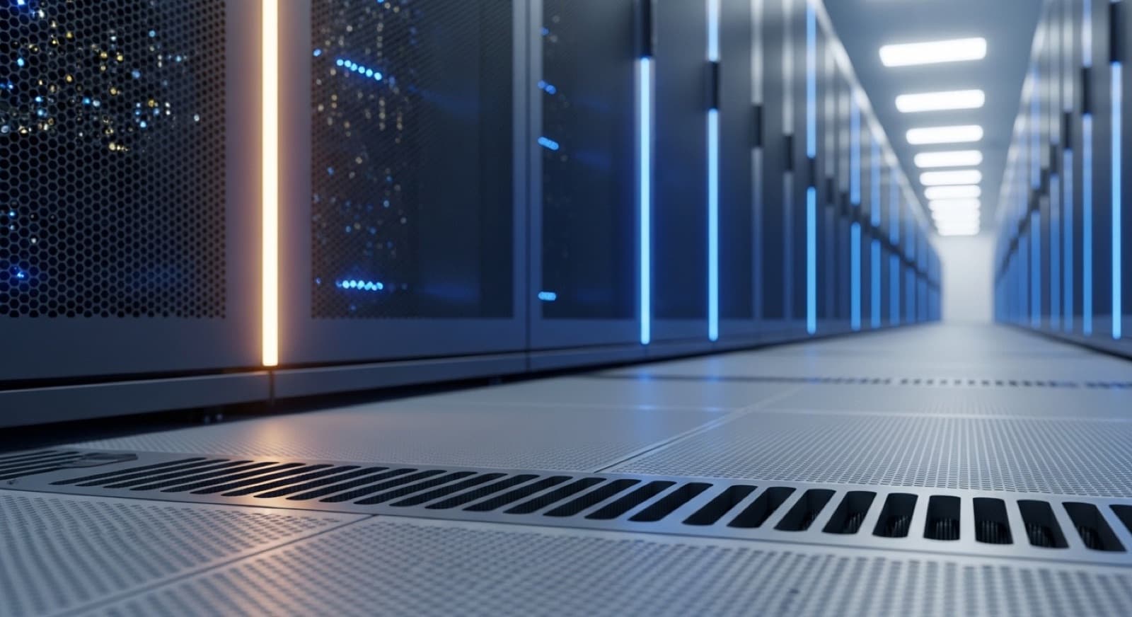 Data center server aisle where SB5 brush grommets seal raised-floor cable cutouts and containment cable pass-throughs