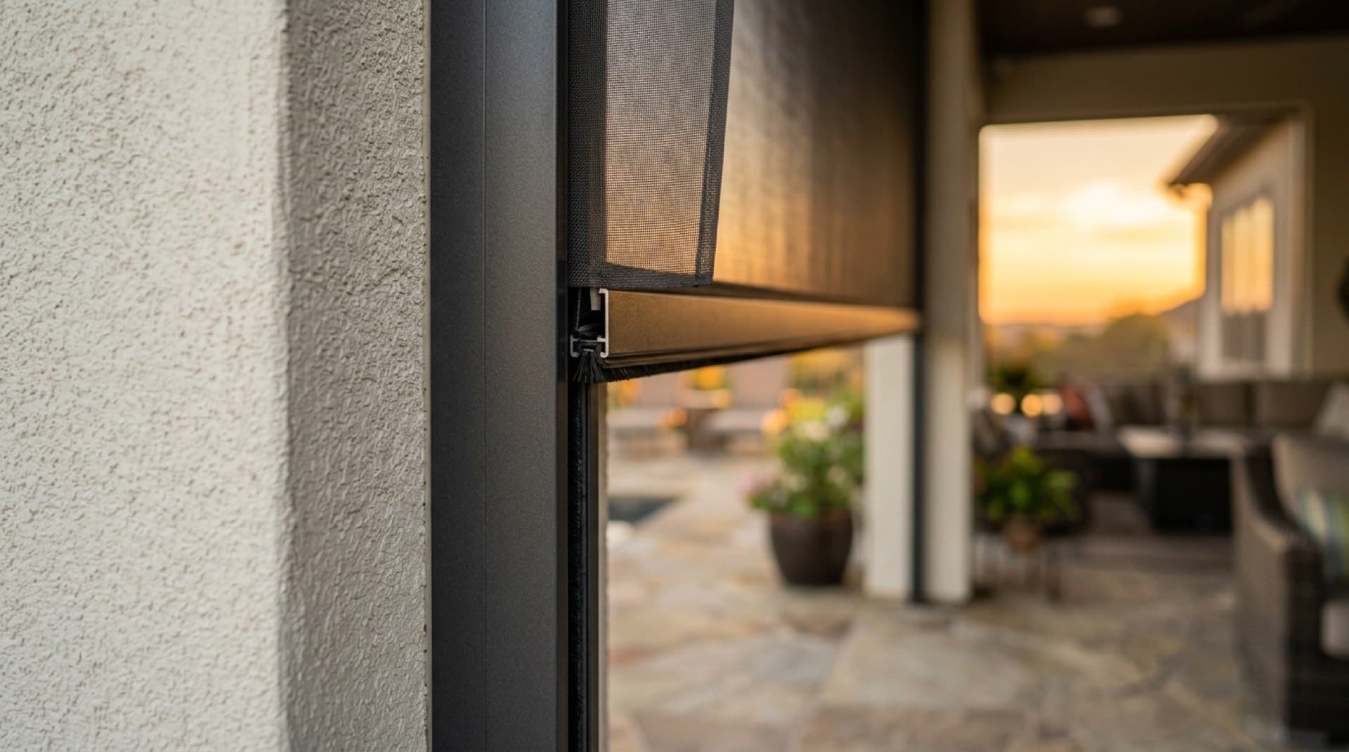 Close-up of a motorized exterior screen's side-track channel showing the SB5 brush seal inside the guide rail, with a sunset patio visible through the deployed mesh