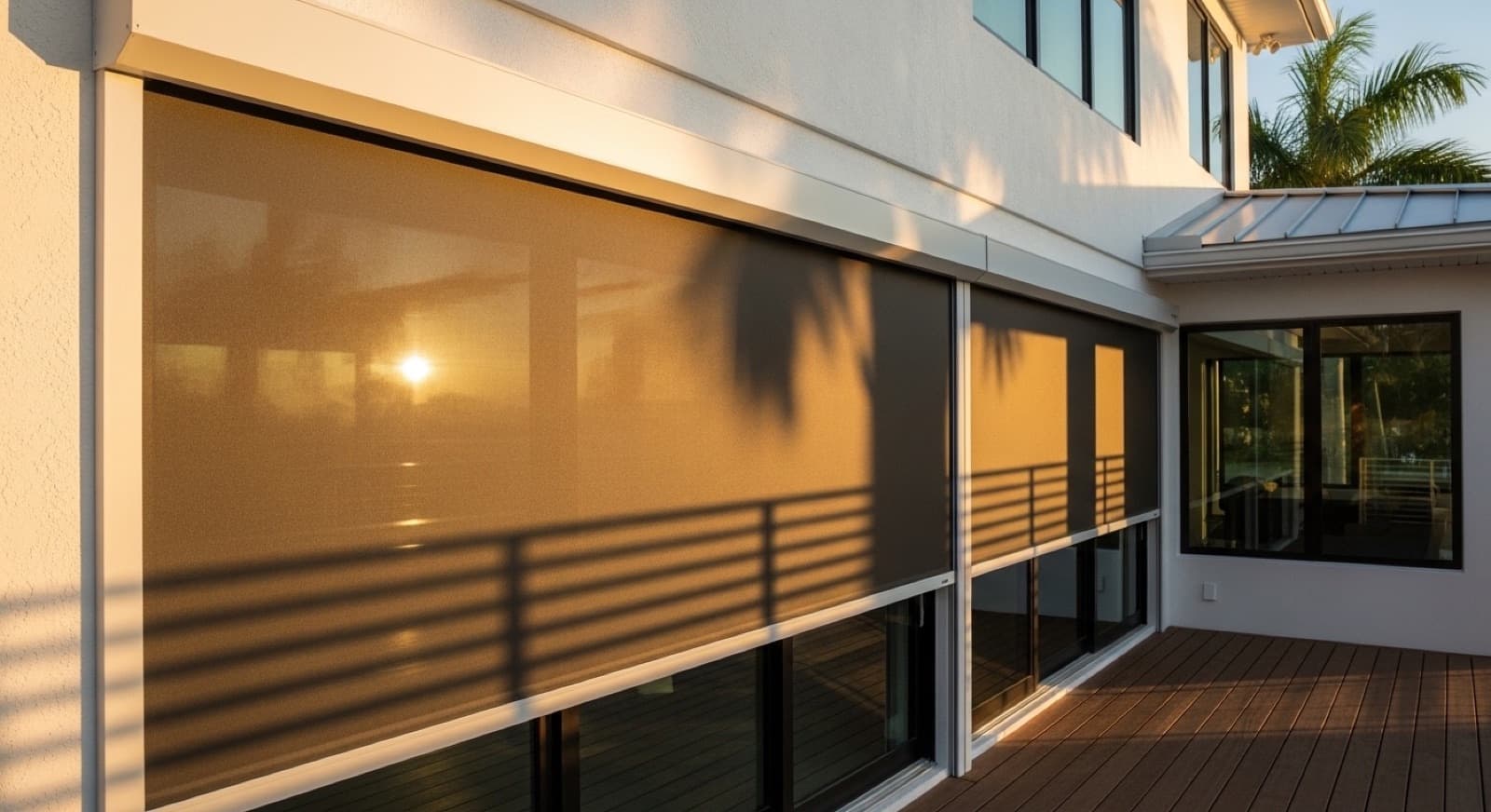 Motorized exterior retractable screen system on a modern building — the kind of application SB5 components are specified into