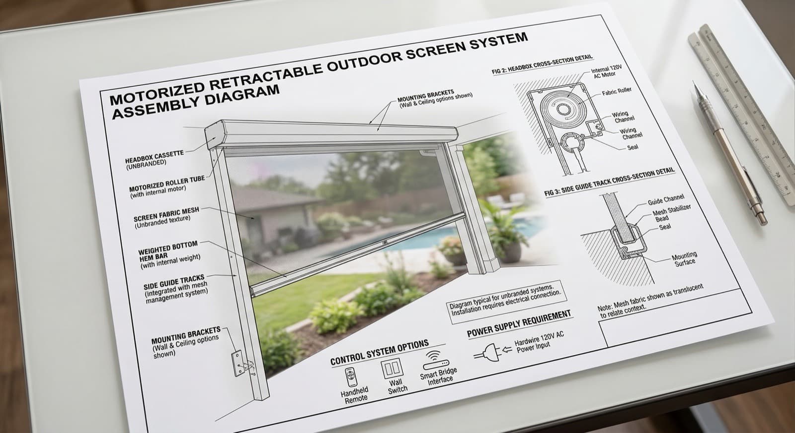 Motorized retractable outdoor screen system assembly diagram with labeled headbox, motorized roller tube, fabric mesh, side guide tracks, mounting brackets, and bottom hem bar