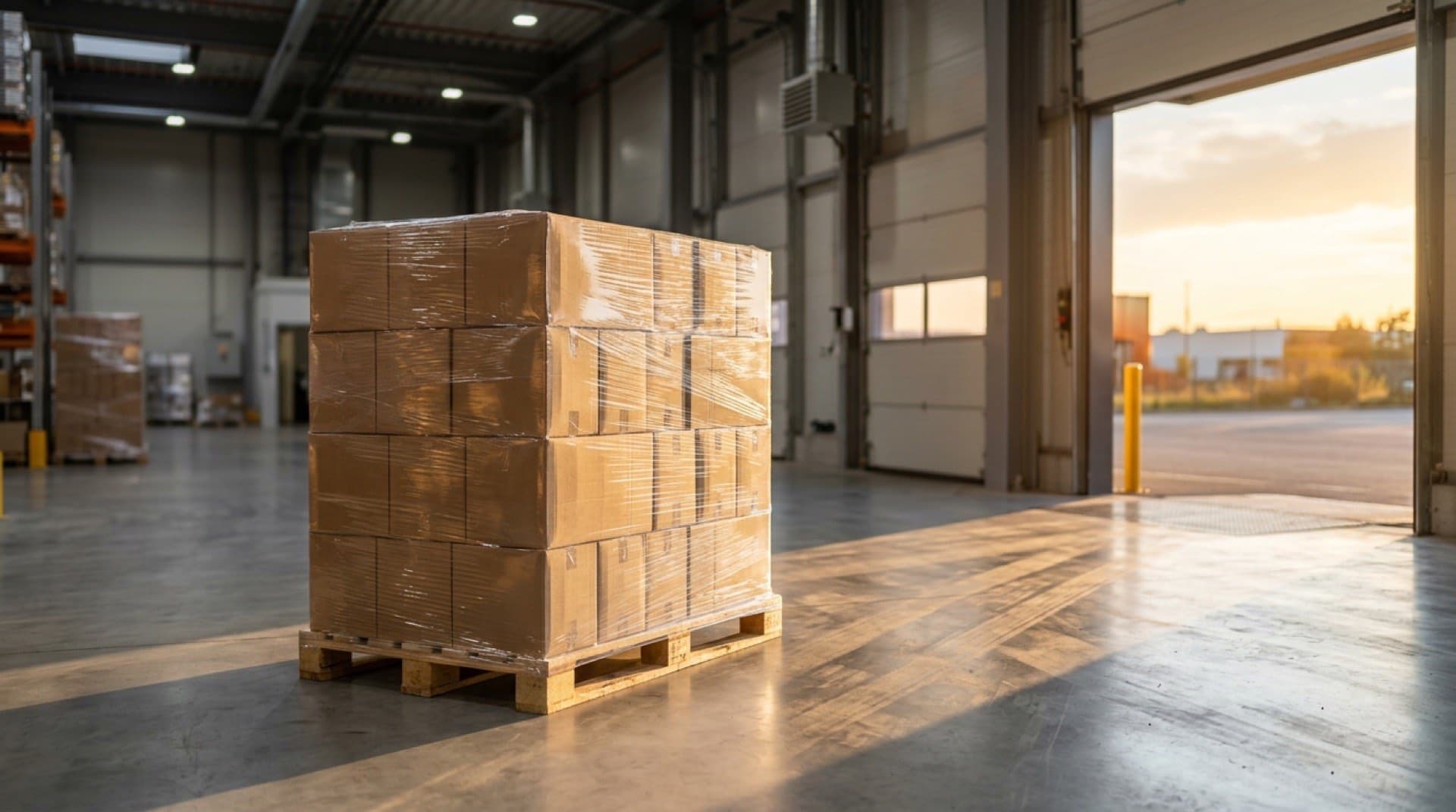 Palletized component shipping boxes shrink-wrapped at a clean professional loading dock