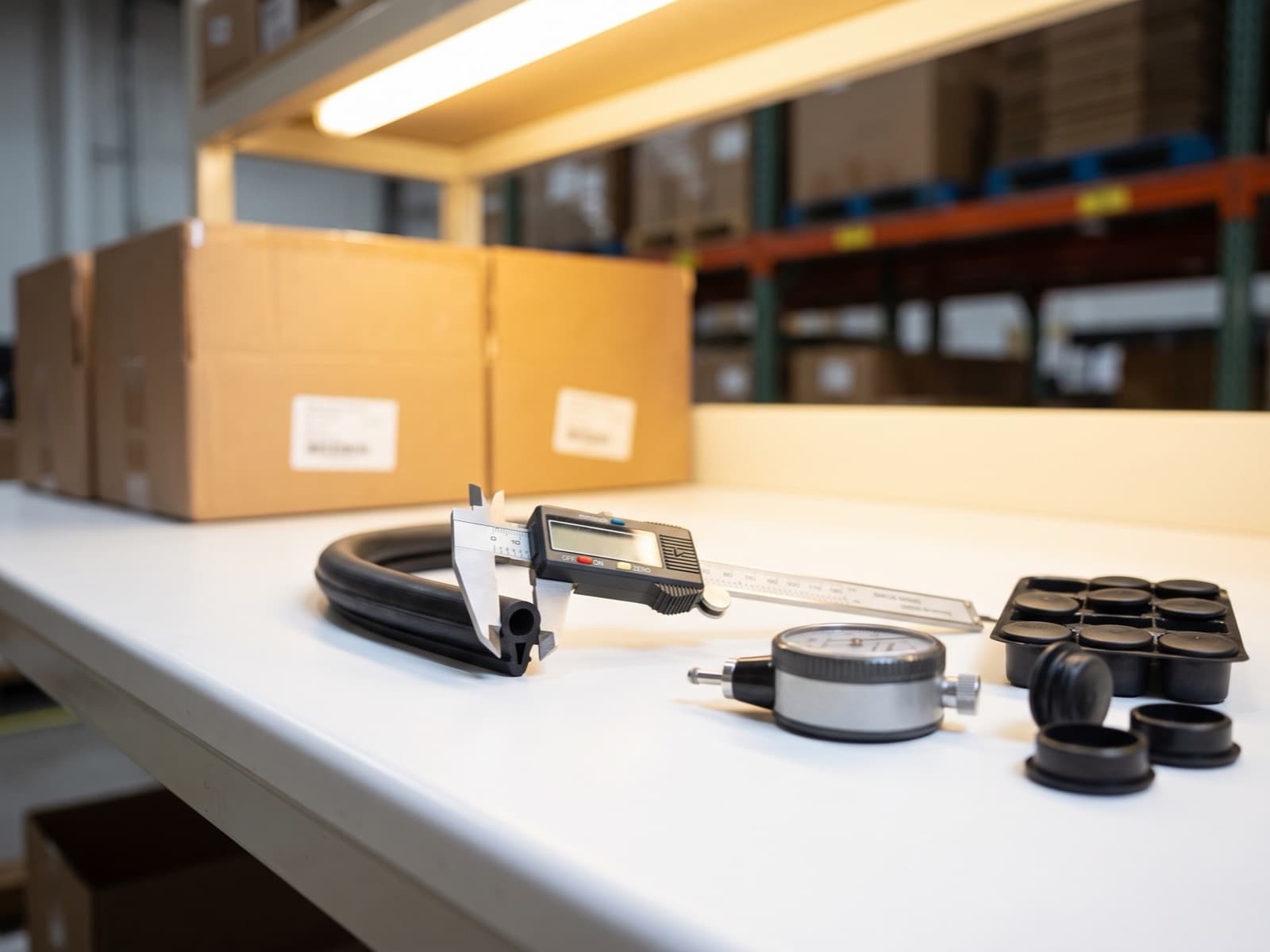 Digital caliper measuring an EPDM bulb seal cross-section at the Plant City inspection bench, with a durometer gauge and a tray of endcaps alongside