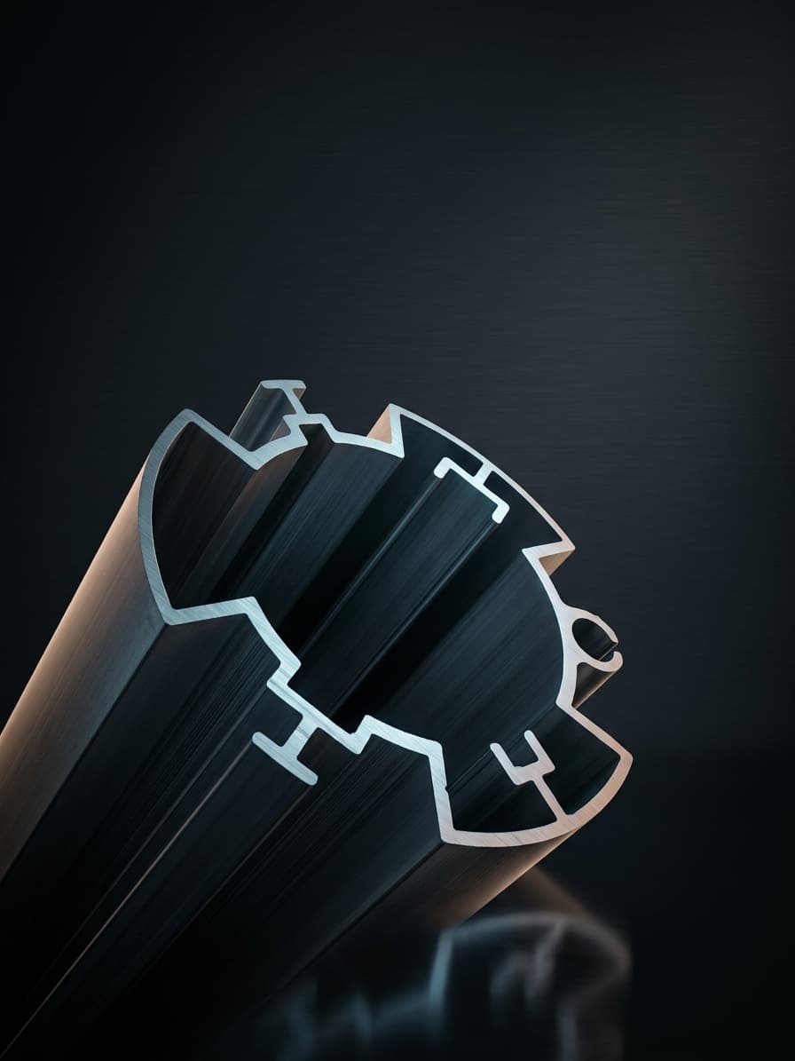 Aluminum roller tube extrusion cross-section showing multi-channel profile on dark background