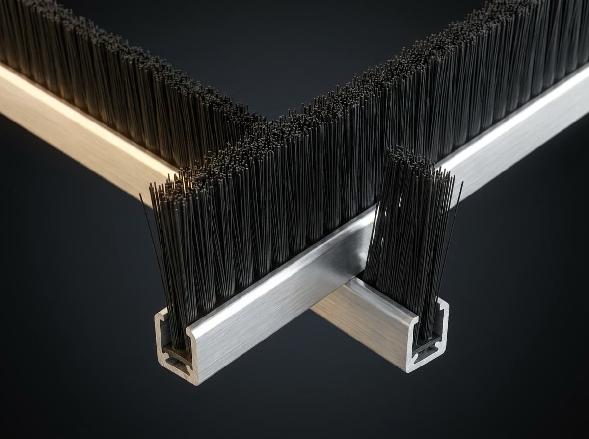 Dense nylon brush filament captured in a 6063-T5 aluminum L-channel retainer profile