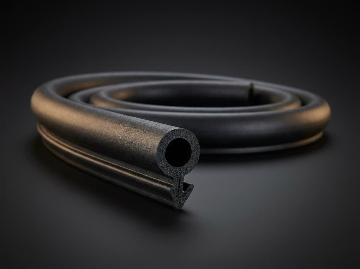 Coiled black EPDM rubber bulb seal extrusion with the hollow bulb cross-section visible at the cut end