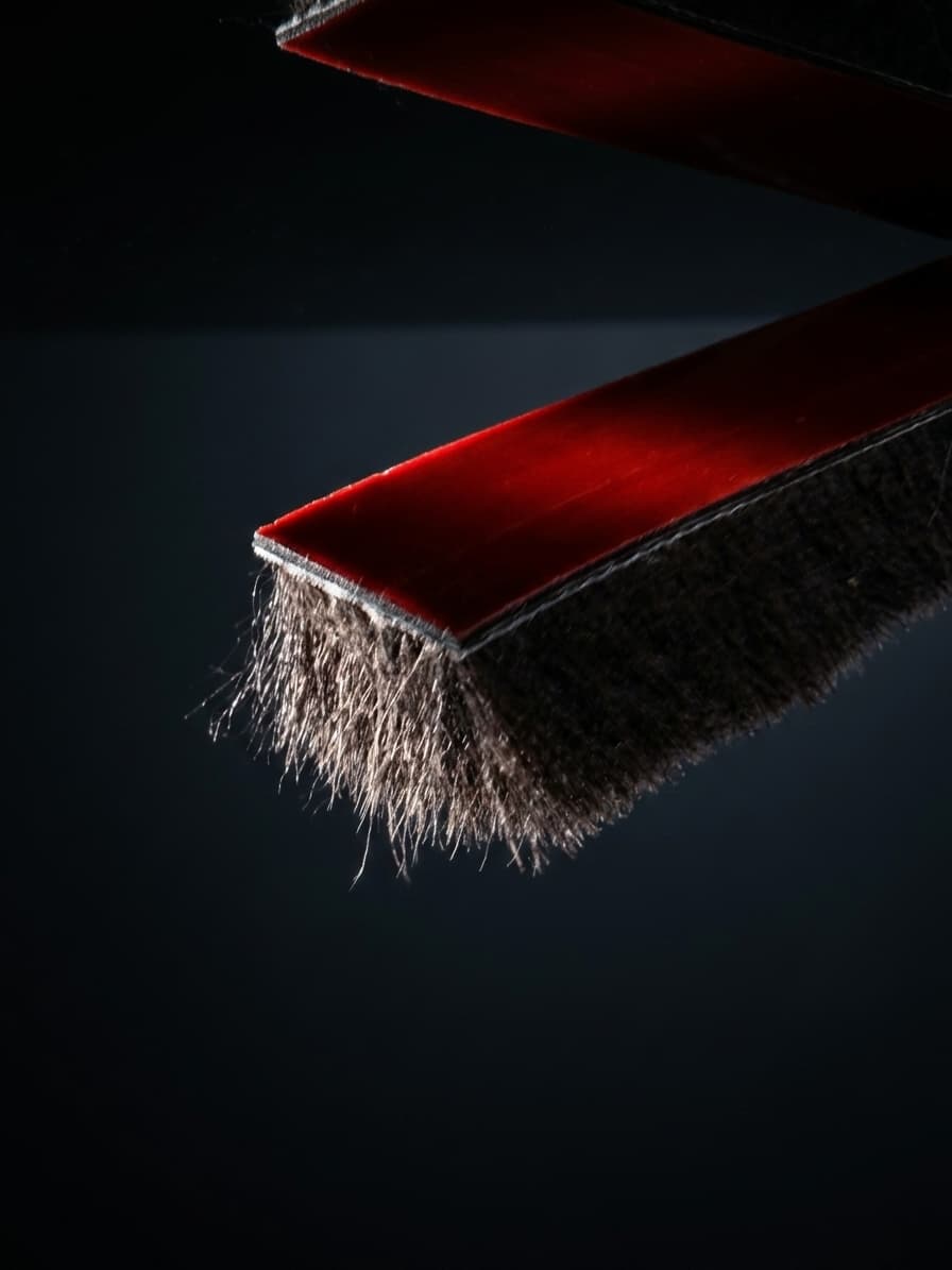 Self-adhesive pile weatherstrip brush with red adhesive backing tape on dark background