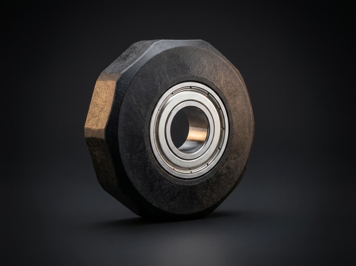 Glass-filled black nylon octagonal idler end cap with a sealed silver chrome-steel ball bearing pressed into the center