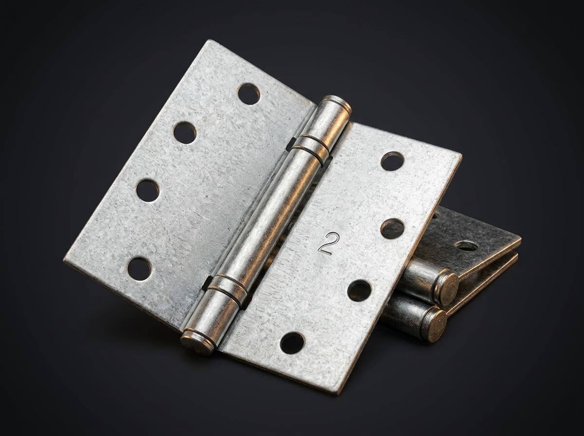 Numbered #2 residential garage door hinge in 14-gauge galvanized steel with the characteristic zinc spangle pattern and stamped number marking