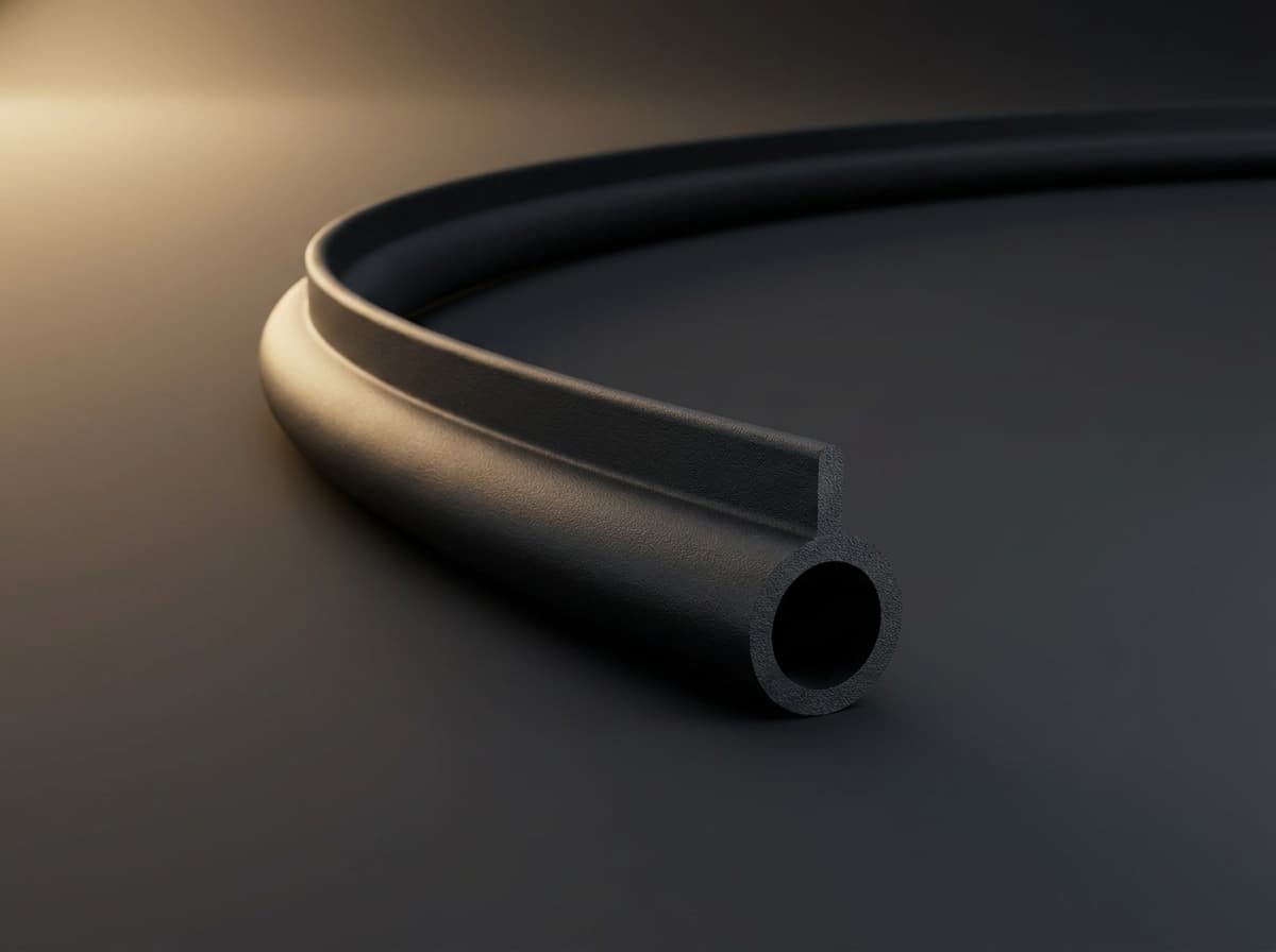 P-bulb garage door seal — black EPDM rubber extrusion curving across the frame with the hollow round bulb cross-section visible at the cut end