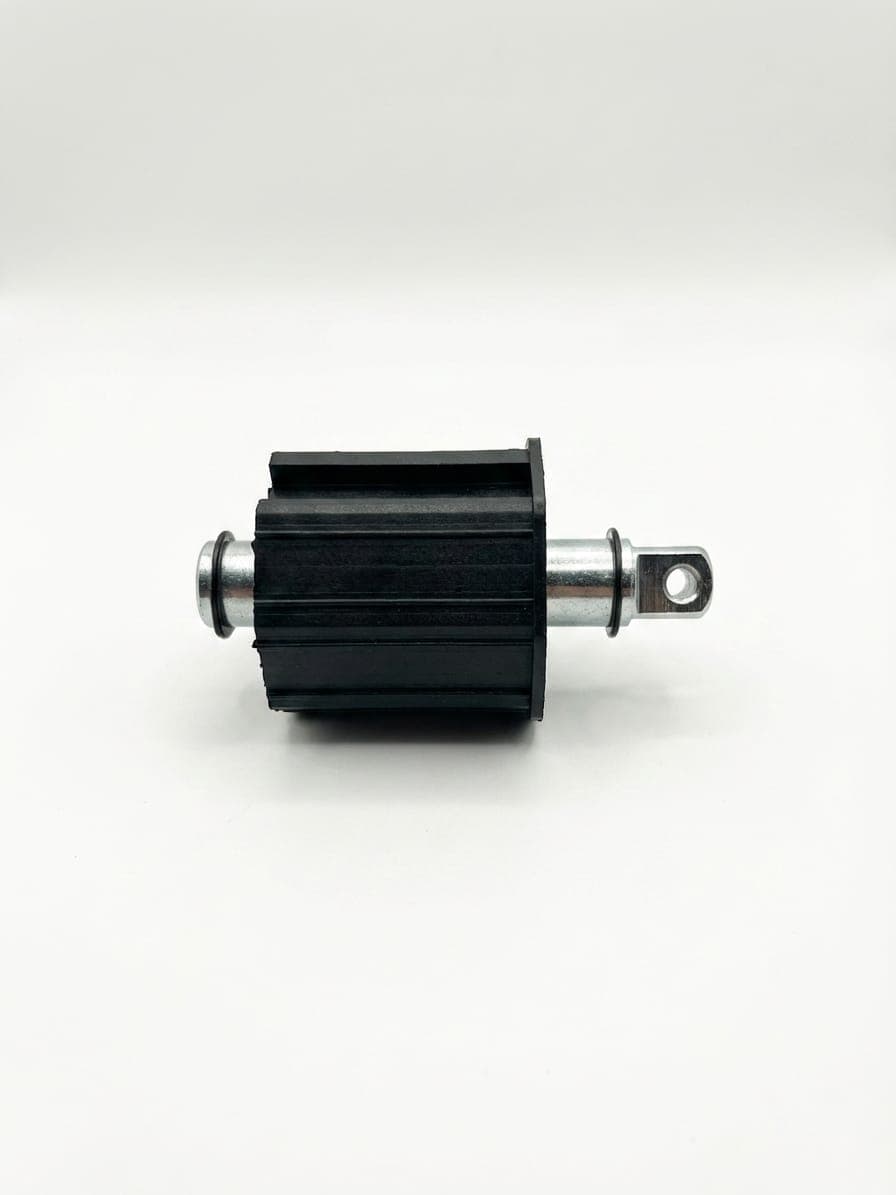 Roller idler assembly with ribbed black crown, steel pin and mounting eye
