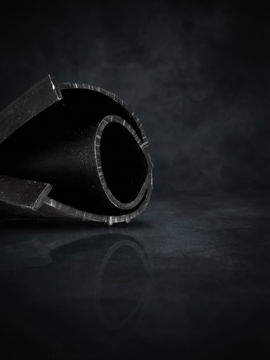 D-profile EPDM rubber bulb seal cross-section showing hollow bulb chamber on dark background