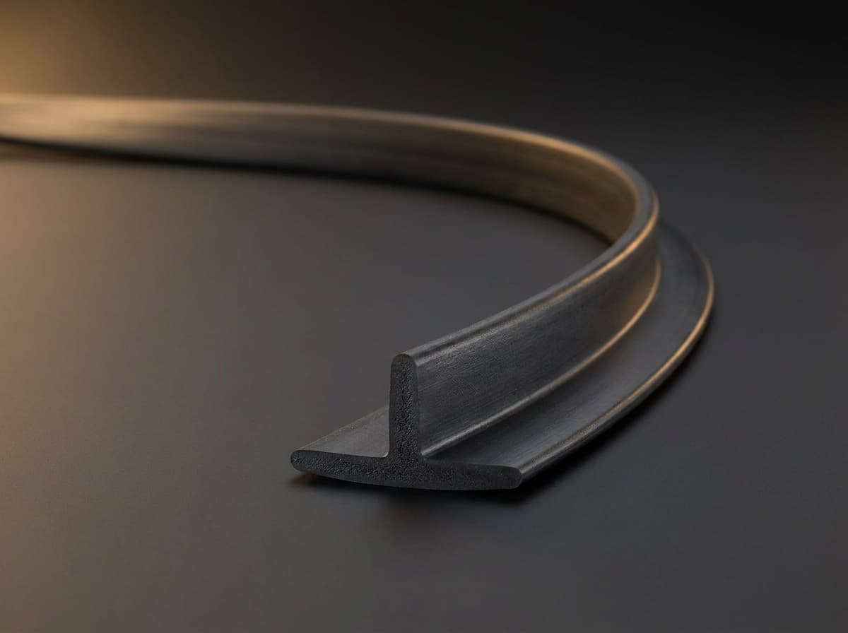 Long black EPDM rubber T-end bottom astragal extrusion showing the upside-down T cross-section at the cut end facing the camera
