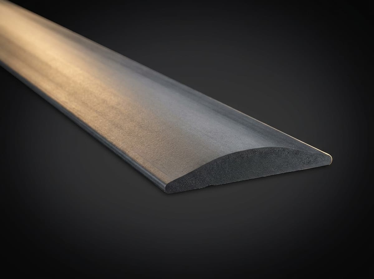 Residential garage door threshold seal — a long flat black-gray rubber strip with a beveled top profile that a vehicle drives over