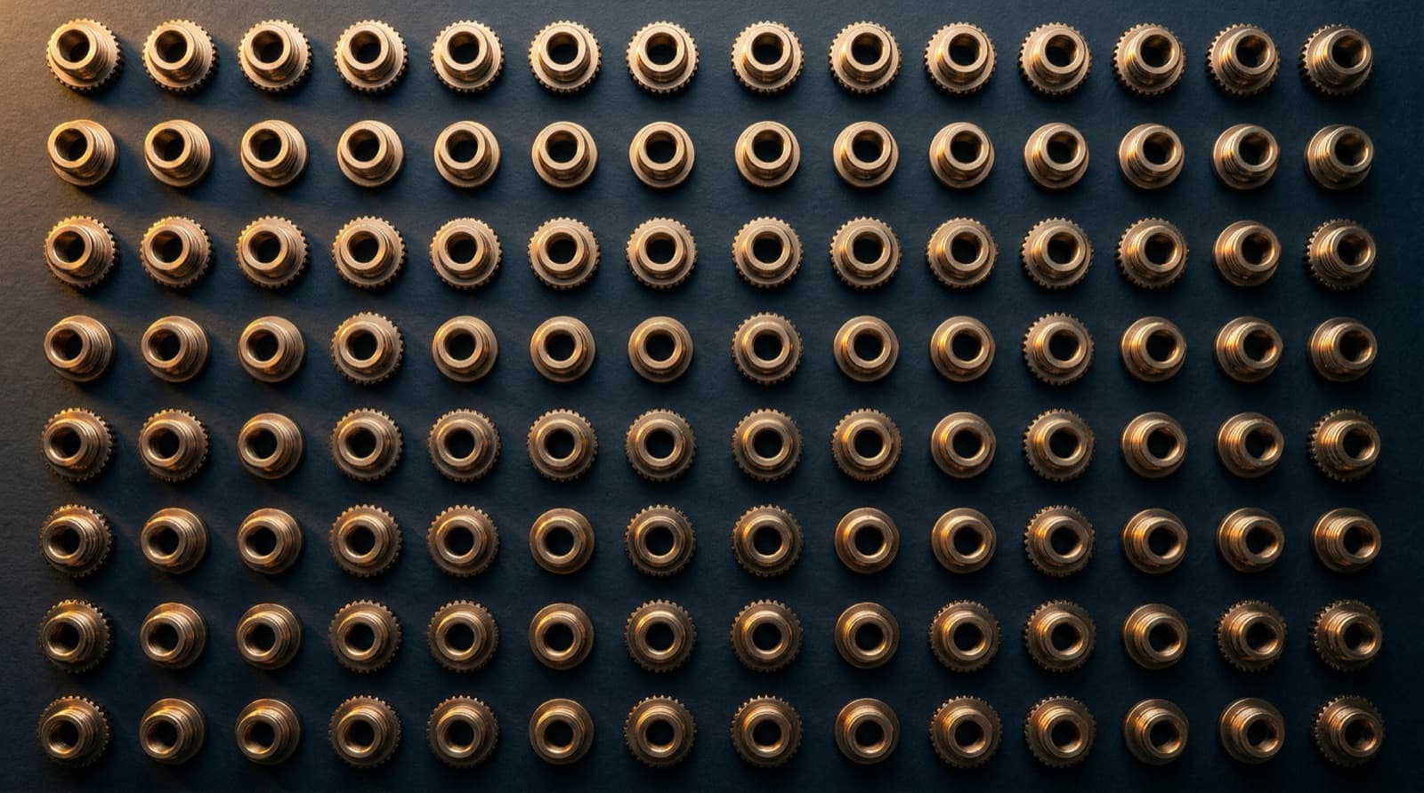 Overhead view of dozens of identical precision metal hardware components arranged in perfect grid rows on a dark surface