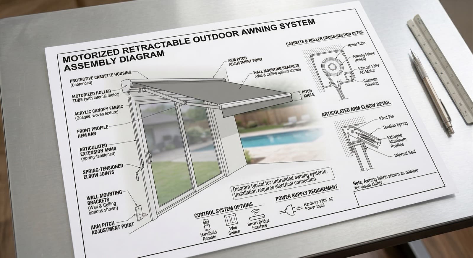 Motorized retractable awning assembly diagram on an engineering desk, labeling the cassette housing, motorized roller tube, articulated extension arms, front profile hem bar, and wall mounting brackets, with a ruler and pen alongside