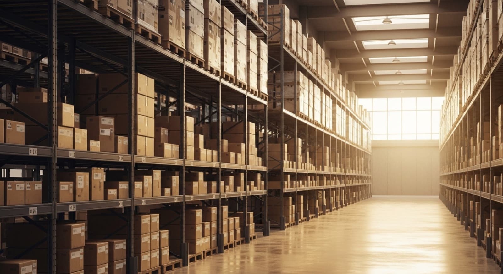 Modern industrial warehouse aisle with neatly stocked pallet racking under warm late-afternoon light